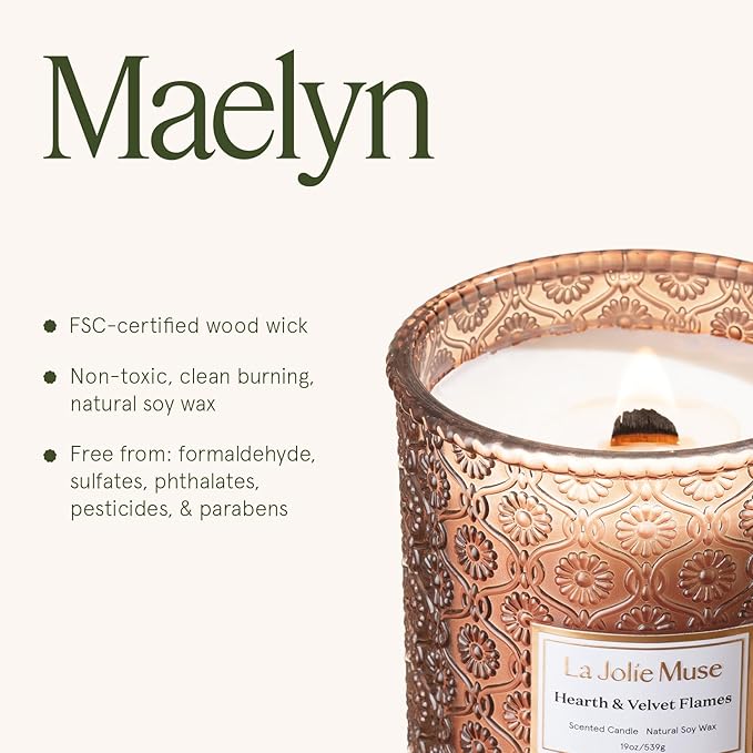 LA JOLIE MUSE Hearth & Velvet Flames Candle - Saffron, Clove, Vanilla | 19 oz Large Wooden Wick Candles | Natural Soy Wax | 90 Hours Clean Burn | Holiday Candle Gifts | Gift-Ready for Hosts