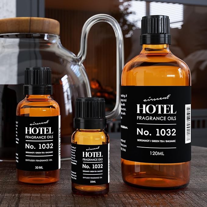 AirScent Hotel Diffuser Oil No. 1032 - Bergamot Green Tea Balsamic Notes - Hotel Scent Dupe - Fragrance Oil for Ultrasonic and Waterless Diffusers and Crafting - 120 mL, 4 fl oz Glass Bottle