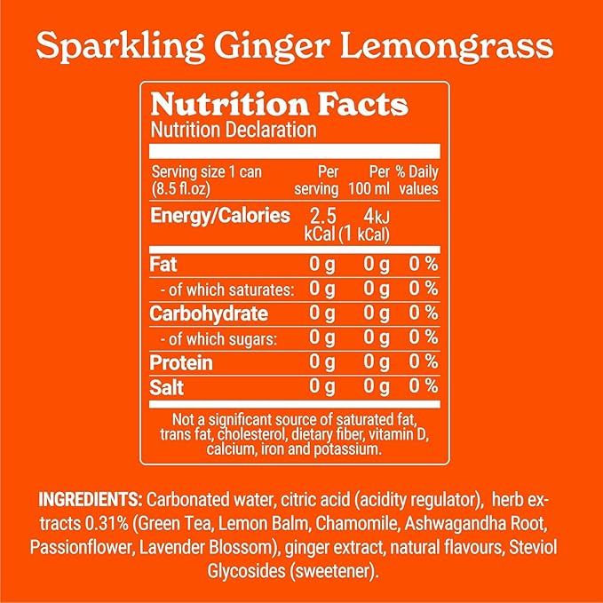 Tranquini Calming Drink With Herbal Adaptogens | Sparkling Water Stress Relief Beverage | Sugar Free, Non Alcoholic, Gluten Free, Vegan - 250ml Ginger Lemongrass (12 cans)