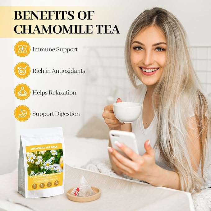 Chamomile Tea Bags, 100% Natural Dried Chamomile Tea Flowers Loose Leaf Premium Herbal Tea No Sugar/Gluten, Caffeine Free-100 Count (Pack of 1)
