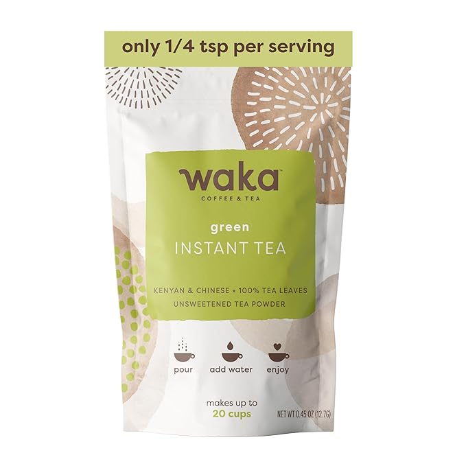 Waka Instant Green Tea Mix, Original - 100% Tea Leaves, No Additives, Unsweetened Sample/Travel Size Tea Powder - Easy Quick Hot and Iced Teas, Up to 20 Cups or 5 Quarts (.45oz)