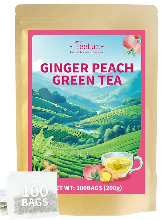 TeeLux Peach Ginger Green Tea, Brisk Green Tea with Spicy Ginger & Aromatic Natural Peach Flavor, Low Caffeine, 100 Count