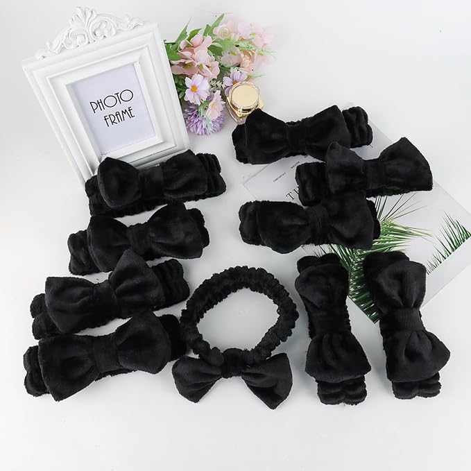 10 Pcs Black Face Wash Headbands, Spa Gifts for Women Girls, Soft Coral Fleece Skincare Headband, Bow Hair Bands, Beauty Headbands for Face Washing Shower Skin Care Yoga