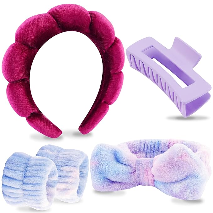 VELSCRUN Spa Headband, Makeup Face Wash Skincare Headbands, 5 Pcs Deep Purple Sponge Bow Tie Get Ready HairBand Facial Wristband Hair Clips Set, Stuff for Teen Girls Women Trendy Hair Accessories