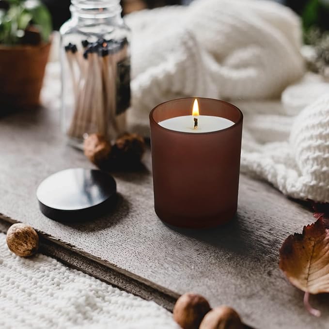 14 OZ Thick Candle Jars for Making Candles 12 Pcs, 3 Wick Empty Jars with Wood Lids for Candle Making, Sample Container,Frosted Brown