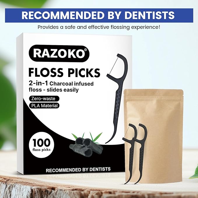 RAZOKO Natural Dental Floss Picks High Toughness Charcoal Toothpicks Sticks-Vegan,Eco-Friendly Sustainable Flossers for Teeth Cleaning 100 Count