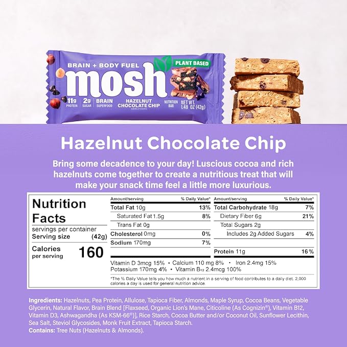MOSH Hazelnut Chocolate Chip Vegan Protein Bars, Plant Based, Keto, Gluten Free, Brain Healthy Snack with Cognizin, Ashwagandha and Lion's Mane, 12 Count
