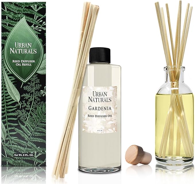 Urban Naturals Reed Diffuser Oil Refill Gardenia with Jasmine, Ylang Ylang, Tuberose, Amber 8 oz + Free Reed Sticks, Made in The USA