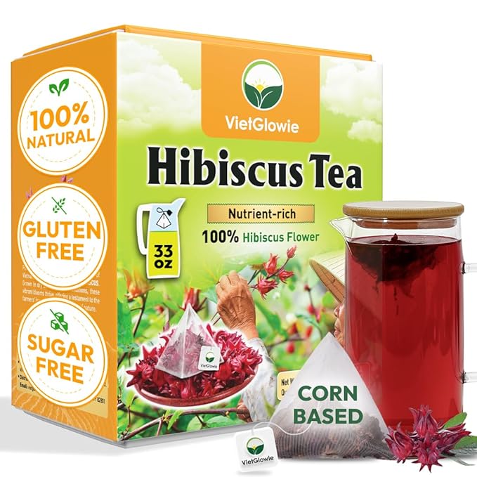 VietGlowie 30 Hibiscus Pyramid Tea Bags, 2.5g/Bag to 33oz, Hibiscus Flower Loose Leaf Herbal Tea, Refreshing & Tart, Caffeine-Free, 100% Natural, Corn-Based Tea Bags