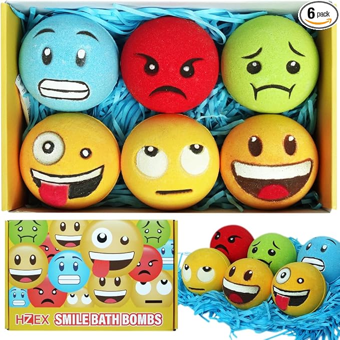 Large Emotion Face Bath Bombs Set of 6 – Fun Emoji-Inspired Spa Fizzies – Handmade with Shea Butter, Cocoa Butter & Essential Oils – Moisturizing Gift Set for Women, Men & Kids