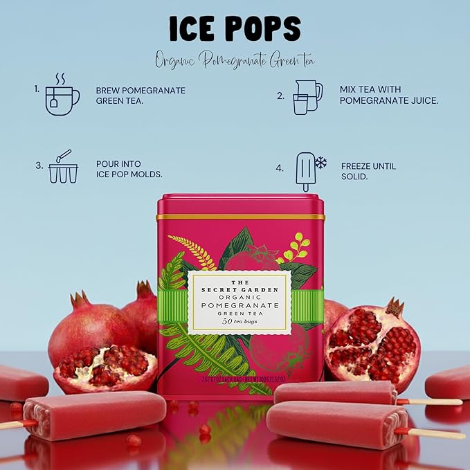 Life Plus Style Gourmet The Secret Garden Organic Pomegranate Green Tea Natural Caffeinated Herbal Leaf 50 Tea Bags Gift Tin USDA Certified Non-GMO Sugar Free Antioxidant Rich Green Tea