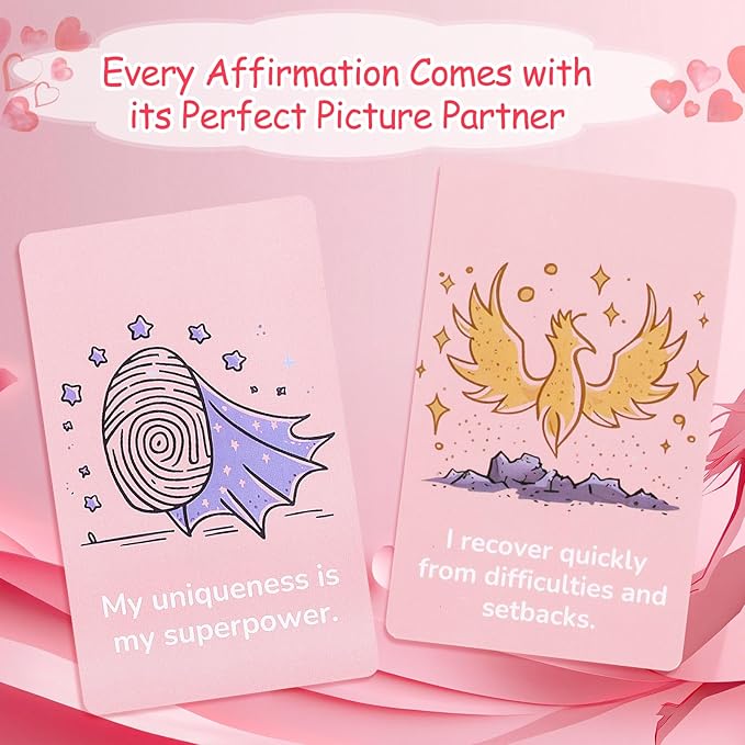 Positive Affirmation Cards for Teen Girls (Ages 10-16), 54 Daily Self Love Cards, Pink Confidence Building Gift Set with Mindset Activities