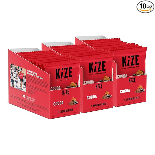 KiZE Energy Bars - Cocoa - 30-Count - Gluten Free, Non-GMO, and High Protein Meal Replacement Energy Bars, Clean and Simple Food Ingredients - 10g High Protein Snacks (30 Count)