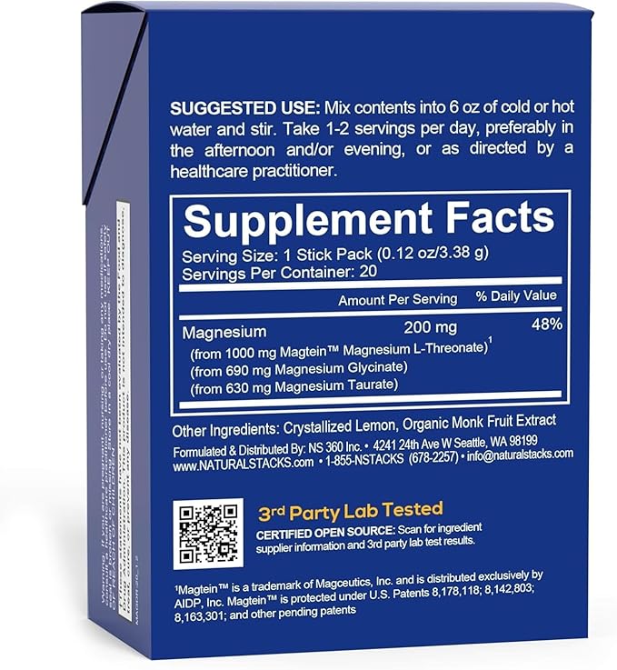 MagTech Magnesium Drink Mix - Sugar Free Lemonade - 3 Forms of Magnesium: Magtein L-Threonate, Glycinate & Taurate - 200mg Chelated Magnesium Complex - Supports Relaxation & Brain Health - 20 Servings