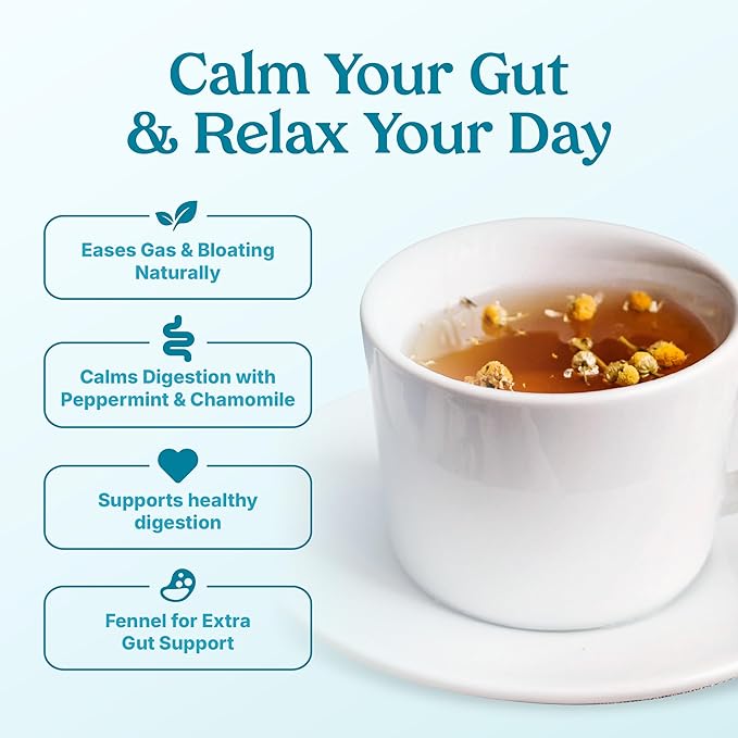 Poop Like A Champion Gas Relief Chamomile Peppermint Tea, 30 Bags, Herbal Tea for Digestion and Bloating, Chamomile Tea Bags with Fennel