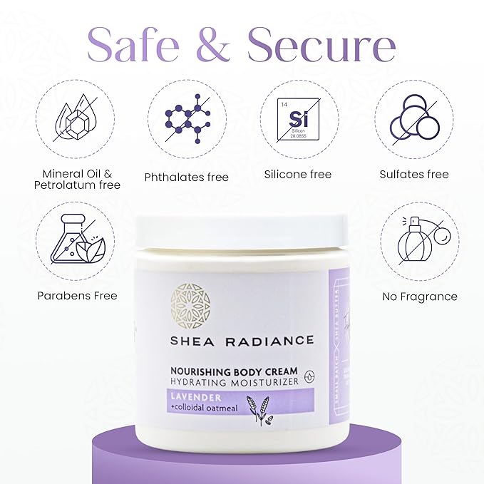 Shea Radiance Nourishing Body Cream with Colloidal Oatmeal | Hydrating Moisturizer for Sensitive Skin | Gentle Hydration with Long Lasting Moisture | Lavender Bliss 8 oz