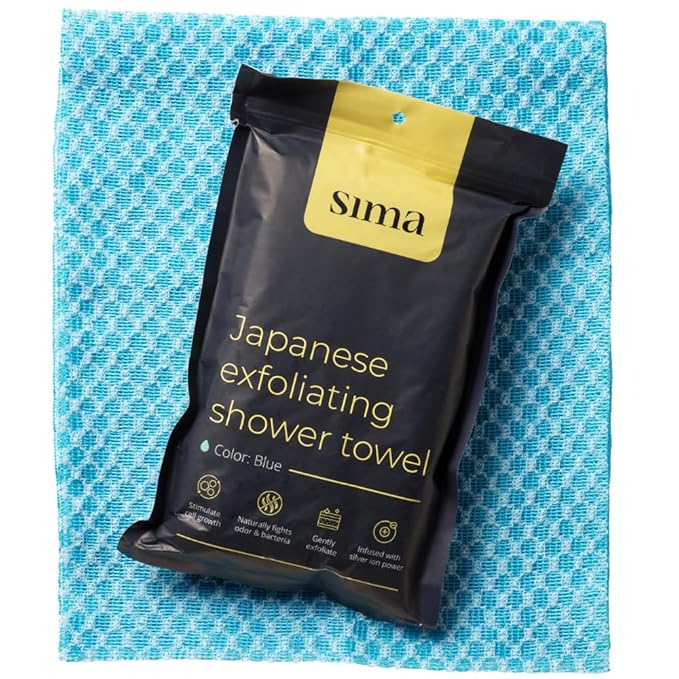 Exfoliating Washcloth Face & Body Scrub Towel - Japanese Exfoliating Towel with Hexagon Fibers, Body Scrubber with 2 Sides for Scrubbing & Washing, Extra Long Body Towel (Blue)