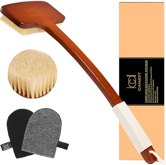 ICANdOIT Exfoliation Set-17.71 Inch Boar Bristles Back Scrubber Bath Brush,Shower Brush with No-Slip Curved Handle,Dual-Sided Face Exfoliation Glove