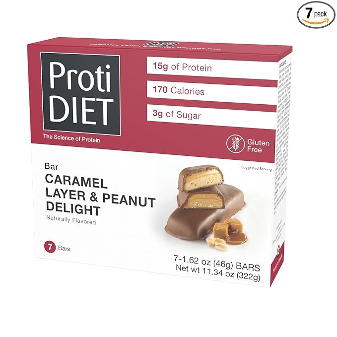 ProtiDIET Caramel Layer and Peanut Delight Protein Bars - 15g Protein - Delicious Gluten Free Bars and Great Snacks for Adults with Collagen - 7 High Protein Bars Per Box