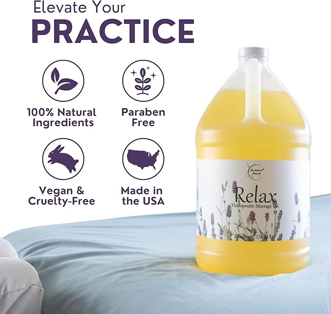 Relax Massage Oil for Massage Therapy | Professional Quality Oil with Lavender, Peppermint & Marjoram | All Natural, Non-Greasy, Smooth Glide | Large 1 Gallon Size with Pump by Brookethorne Naturals