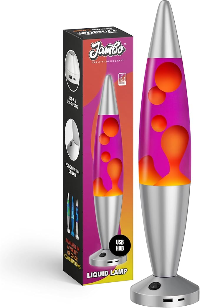 JAMBO 16" Beautiful Liquid Motion Lamp with USB -Purple with Yellow/Orange Wax for Adults, Teens and Kids, Magma Lamp, Home Decor Living Room Office Bedroom, Relaxing Night Light Nightlight