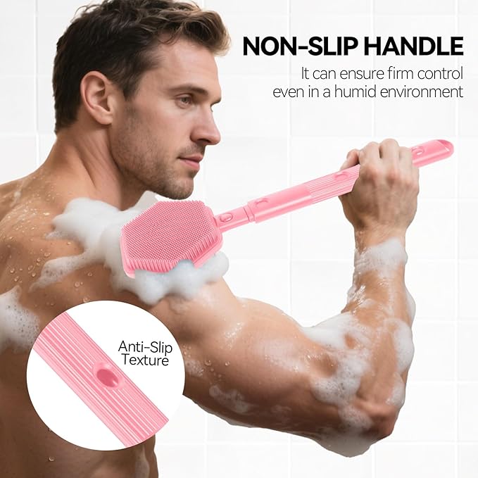 21 Inches Silicone Back Scrubber for Shower - Extendable Shower Brush Long Handle with Stiff and Soft Bristles -Loofah Alternative- Body Exfoliator for Bath or Dry Brush,Men & Woman (Pink)
