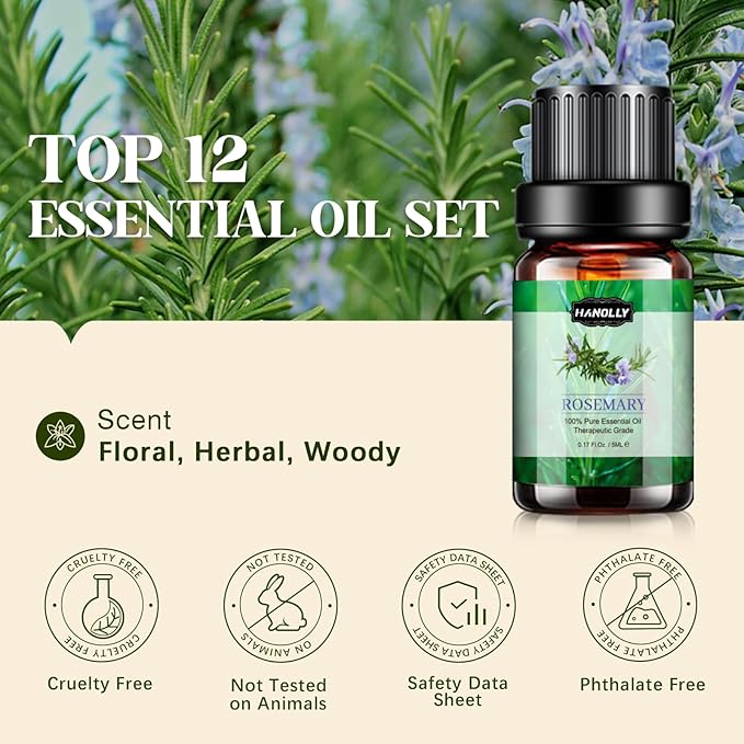 Essential Oils Set, Aromatherapy Essential Oil Kit for Diffuser, Humidifier, Massage, Skin Care (12 x 5ml) - Tea Tree, Lavender, Sweet Orange, Eucalyptus, Lemongrass, Peppermint