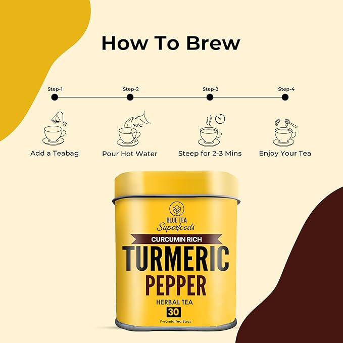 BLUE TEA - Turmeric Tea - Pepper - 30 Count - Pyramid Plant Based Tea Bag | CURCUMIN RICH - HERBAL BLEND | Herbal Tea - Caffeine Free - No Sugar - Earthy Flavor - Healthy | Tin Pack (Pack of 2)