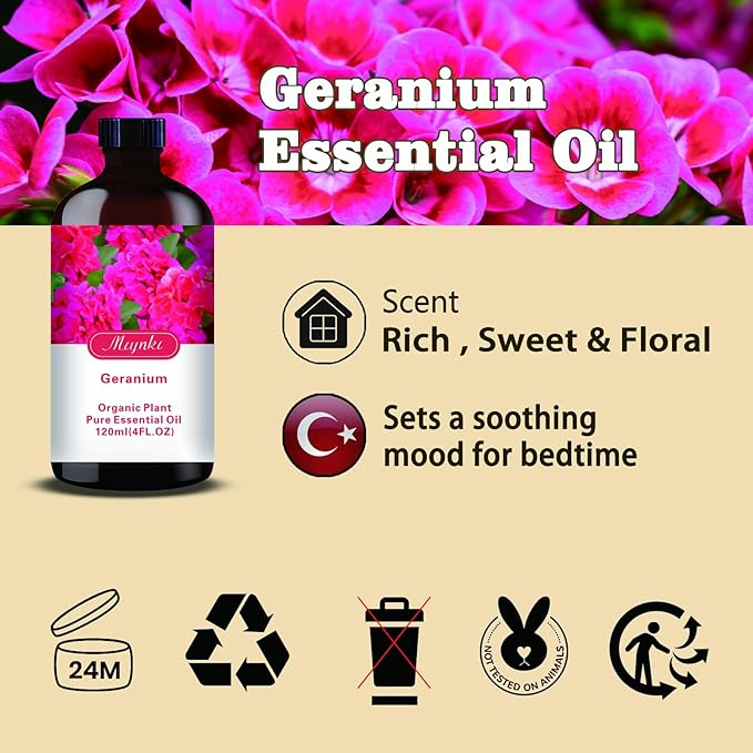 Geranium Essential Oil-Geranium Fragrance Oil 4.33oz (130ml)-100% Pure Natural Scent for Diffusers, Candles, Soap Making & Aromatherapy-Relaxing Home & Gift Essential Oil for Bath, Massage