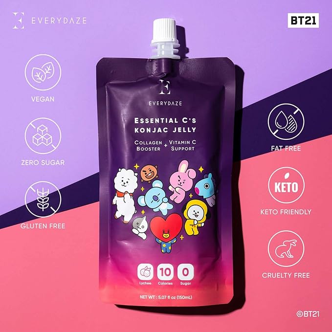 EVERYDAZE BT21 Essential C’s Konjac Jelly | Lychee | Vegan Collagen Peptides and Vitamin C | Gluten Free, Sugar Free, Low Calorie | Healthy Drinkable Fruit Snack | 10 Pack Box Food Drink Pouch