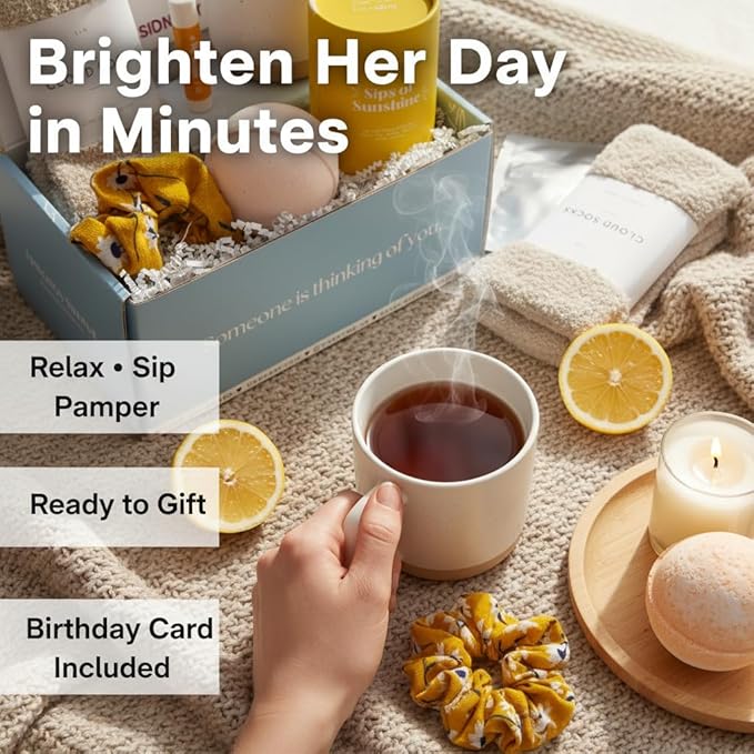 Unboxme Sunshine Gift For Women | Self Care Package with Herbal Tea, Mug, Bath Bomb, Candle, Fluffy Socks, Lip Balm, Sheet Mask, Scrunchie & Happy Birthday Card