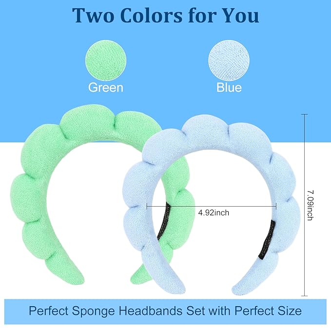 AMCAMI Puffy Spa Headband for Women Sponge Headbands for Girls 2 PCS Terry Towel Cloth Fabric Head Band for Skincare,Makeup Removal,Face Washing,Facial Mask,Shower,Hair Accessories(Blue&Light Green)