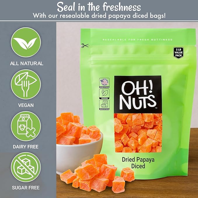 Oh! Nuts Dried Papaya Diced - 2 lb - Dried Fruit Diced - Less Sugar Added - Dehydrated Fruit Bites - Packed in New York Zip-Seal Bag for Exceptional Freshness