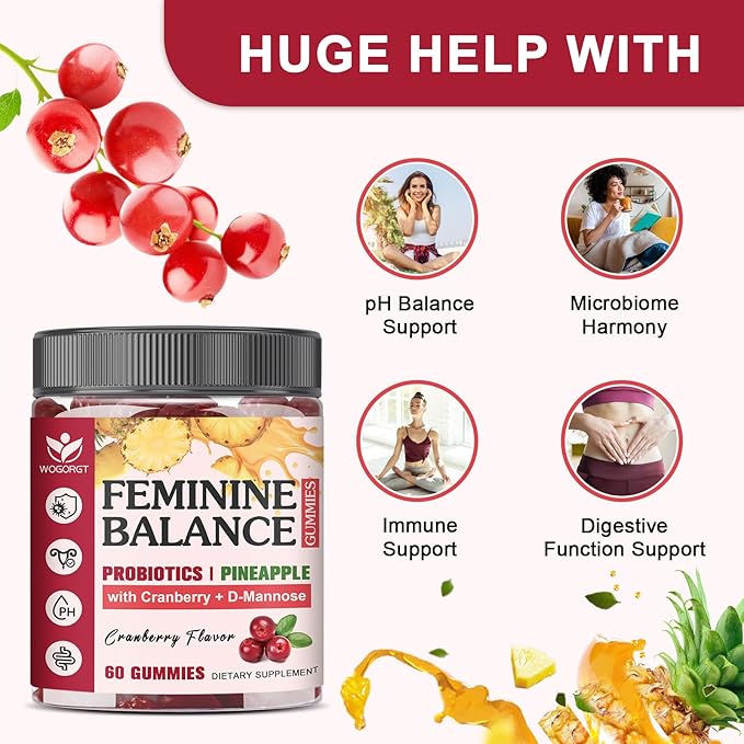 Feminine Balance Gummies for Women - Vaginal Health, pH Balance Support, Pineapple Probiotics Gummies for Women with Cranberry Extract and D-Mannose, Sugar Free, Vegan, Cranberry Flavor - 60Ct (2pack)