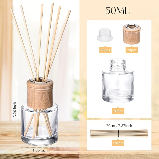 Roshtia 20 Set Reed Diffuser Bottle Empty Refillable Fragrance Glass Diffuser Bottles Set with Wooden Caps Rattan Sticks 50ml 1.7 oz Round Glass Jars for DIY Fragrance