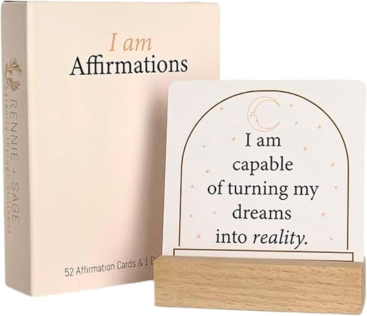 I Am Positive Affirmation Cards | 52 Decor Cards with Wooden Stand | Inspirational Cards with Soothing Colors to Display on Vision Boards | Giftable Affirmations