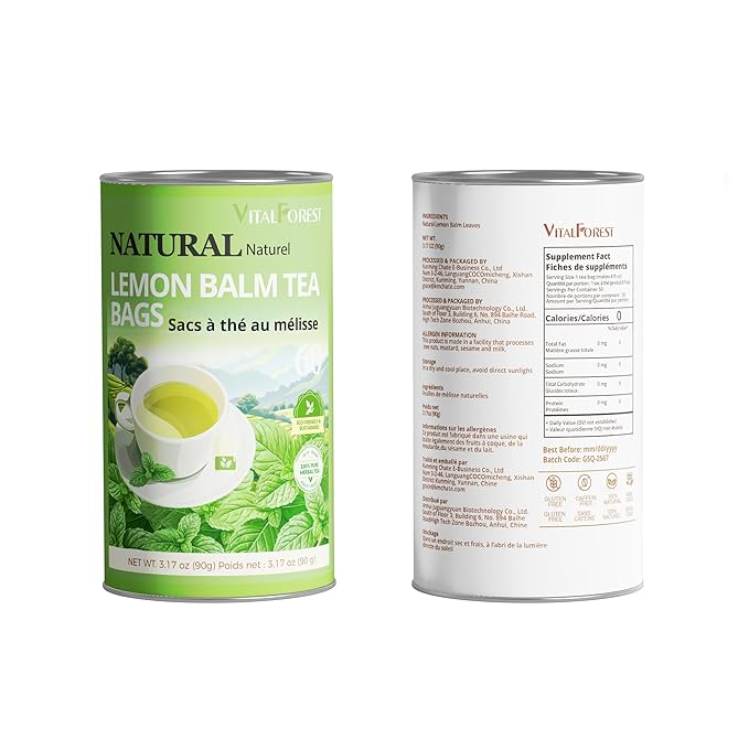 60 Lemon Balm Tea Bags - VitalForest Dried Lemon Balm Leaves Tea -1.5g/Bags, Calming Herb, Stress Relief & Sleep Support, Non-GMO, Caffeine-Free