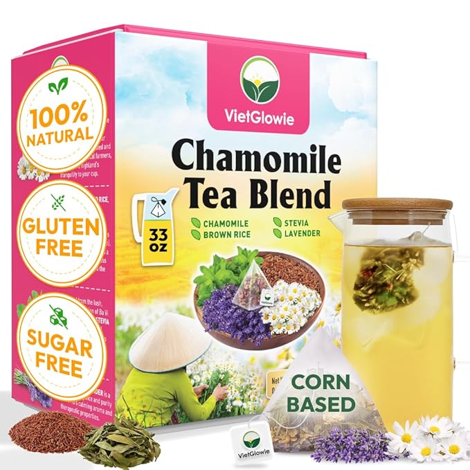 VietGlowie 20 Chamomile Blend Pyramid Tea Bags, 11.5g/Bag to 33oz, Chamomile, Lavender, Brown Rice, Stevia, Bedtime Tea, Sleep Support Herbal Tea, Caffeine-Free, 100% Natural, Corn-Based Tea Bags