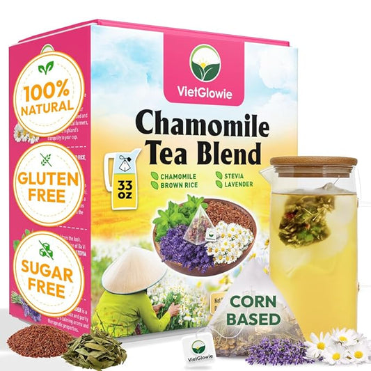 VietGlowie 20 Chamomile Blend Pyramid Tea Bags, 11.5g/Bag to 33oz, Chamomile, Lavender, Brown Rice, Stevia, Bedtime Tea, Sleep Support Herbal Tea, Caffeine-Free, 100% Natural, Corn-Based Tea Bags
