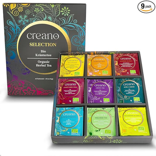 Creano Organic Herbal Tea Gift Set Grey - 45 Organic Tea Bags in 9 Different Varieties - 90 g