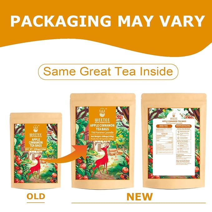 WT WEETEE Apple Cinnamon Herbal Tea Bags, 60 Count, Perfect Blend of Sweet Cinnamon, Tart Hibiscus, Natural Flavoring, Caffeine-Free