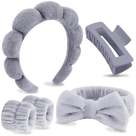 VELSCRUN Spa Headbands for Wash Face, Makeup Headband, Facial Skincare Headbands, 5 Pcs Grey Puffy Sponge Spa Headband Bow Tie Hair Band Hair Clips Wristband Set Women Girls Accessories