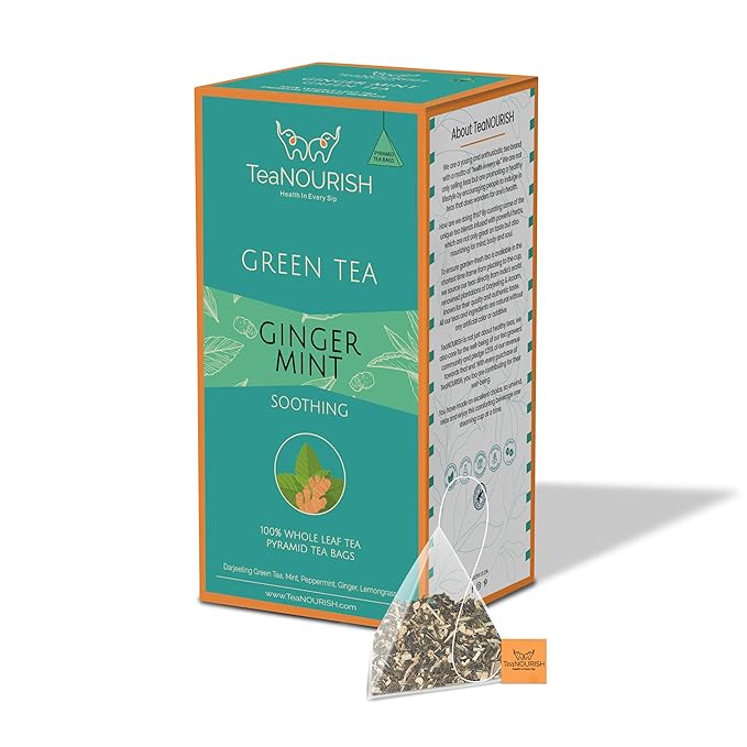 TeaNOURISH Ginger Mint Green Tea | 20 Count Pyramid Tea Bags | Relaxing & Calming | Premium Darjeeling Whole Leaf | Immune Support Tea for Daily Wellness