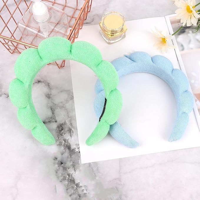 AMCAMI Puffy Spa Headband for Women Sponge Headbands for Girls 2 PCS Terry Towel Cloth Fabric Head Band for Skincare,Makeup Removal,Face Washing,Facial Mask,Shower,Hair Accessories(Blue&Light Green)