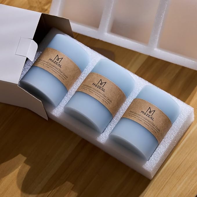 MOZEAL 3" x 4" Hand-Poured Unscented Baby Blue Candle, Dripless Sky Blue/Light Blue Pillar Candle Set of 3, Long Clean Burning, Approx 72 Hours Burn Time, Rustic Country Style, Home Decor