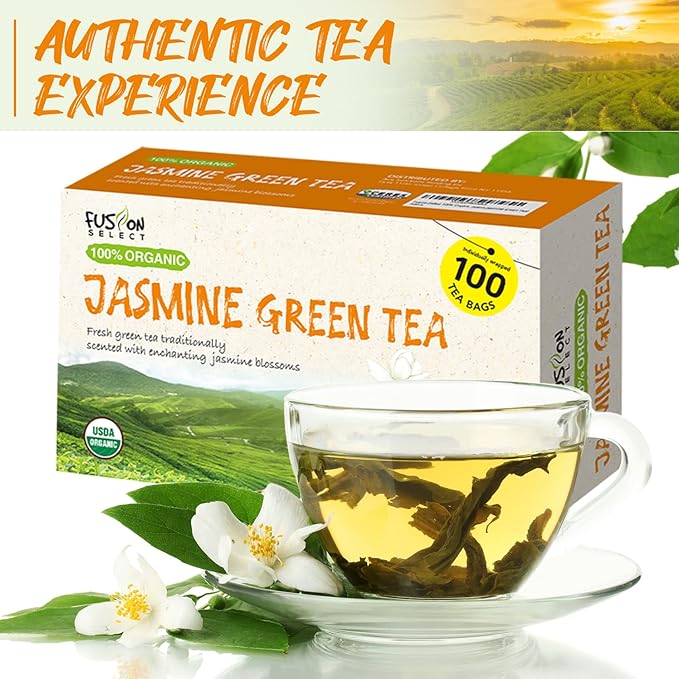 Fusion Organic Jasmine Green Tea - 100 Bags, Traditionally Scented, Refreshing Floral Fragrance - 6oz (170g)