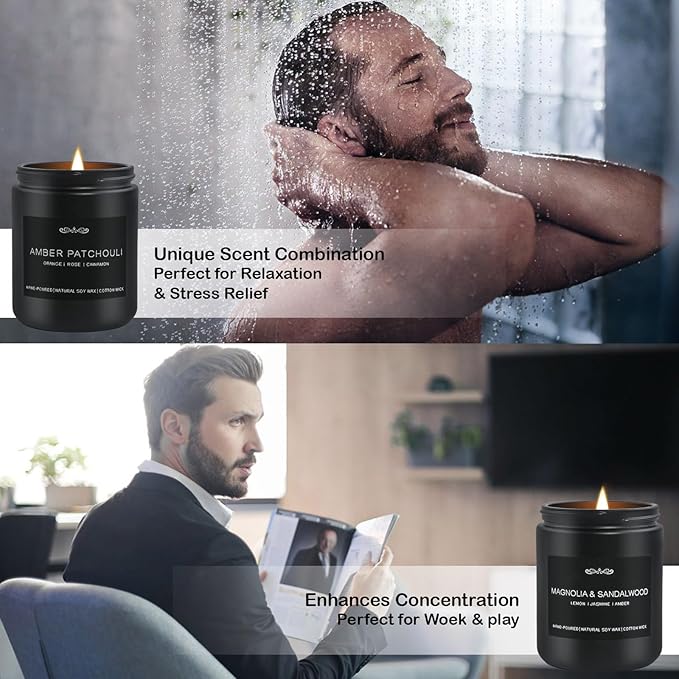 Scented Candles Gifts, Gift for Men, 4 Pack Candles Set, Soy Candle for Home Scented, Birthday Gifts Candle Set for Men Scents of Magnolia Sandalwood/Oak/Amber Patchouli/Leather