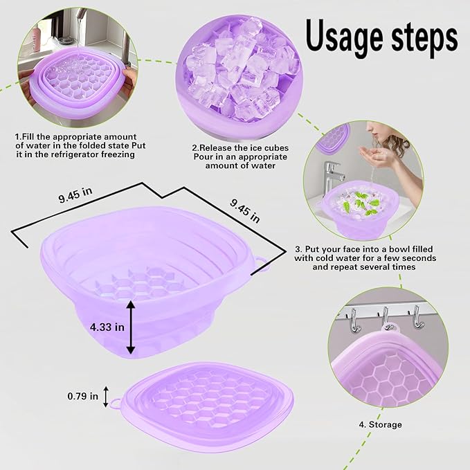 Face Bowl for Ice with Built-in IceTray,Collapsible Silicone Face Ice Bowl – Cold Plunge Therapy for Skin Tightening & Facial Treatment– Portable Spa Tool for Home & Travel(Purple)