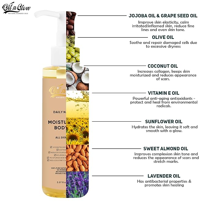 USDA Certified 100% Organic Pure Natural Hydrating Body Oil After Shower With Coconut, Jojoba, Olive & Almond Non-Greasy Moisturizing Oil For Women & Men Dry Skin 5.07 fl oz/150ml - Unscented