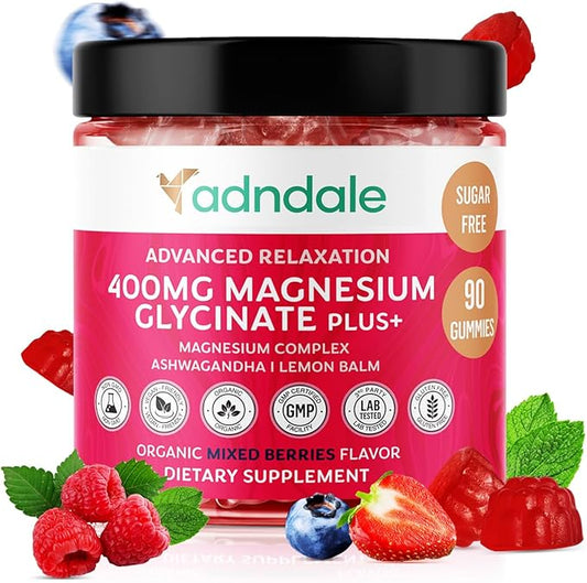 Adndale 90 CT Magnesium Glycinate Gummies 400 mg/Serv with Ashwagandha, Magnesium Malate & Taurate, Sugar Free Chews for Adults & Kids.